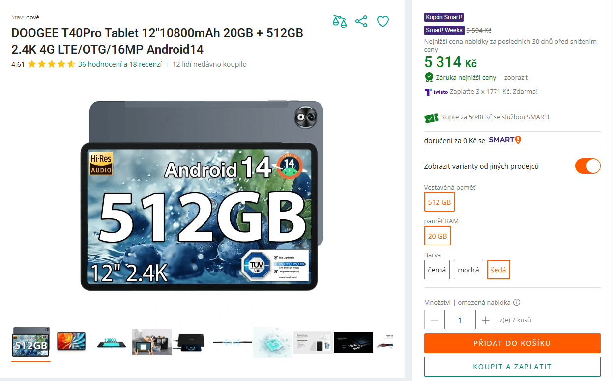 Tablet Doogee 8x2,2GHz, 8/512, 12", výbava