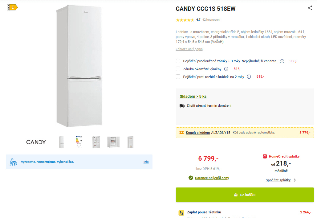 Lednice s mrazákem Candy, 179 cm, E